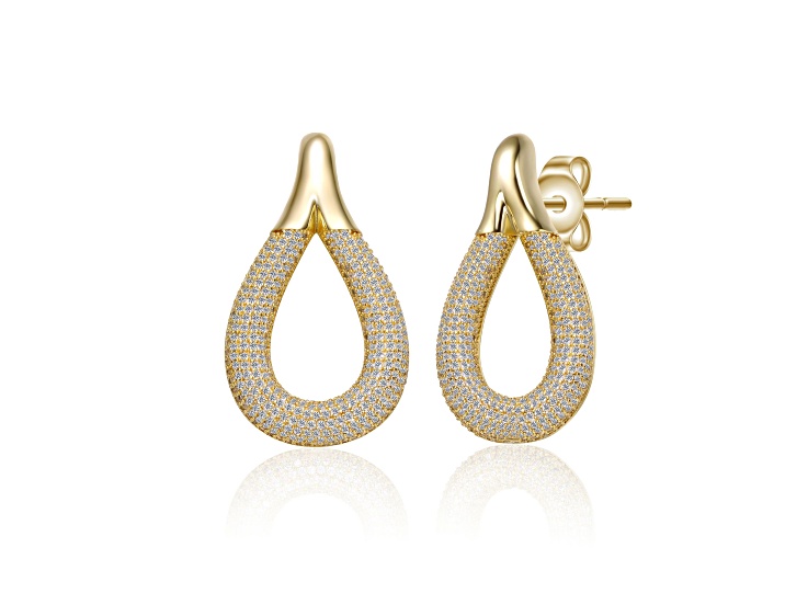 Clear Cubic Zirconia, 14k Gold Plated over Brass Raindrop Front-Facing Mini-Hoop Earrings
