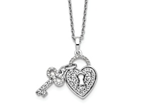 Rhodium Over 14K White Gold Lab Grown Diamond Heart Lock and Key Pendant Necklace