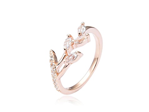 White Sapphire 14K Rose Gold Over Sterling Silver Dainty Leaf Design Ring, 0.45ctw