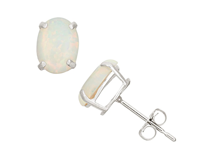 Oval Lab Created Opal 10K White Gold Earrings 1.04ctw