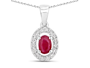 Ruby and Lab Grown Diamond Rhodium Over Silver Halo Pendant with Chain 0.67ctw