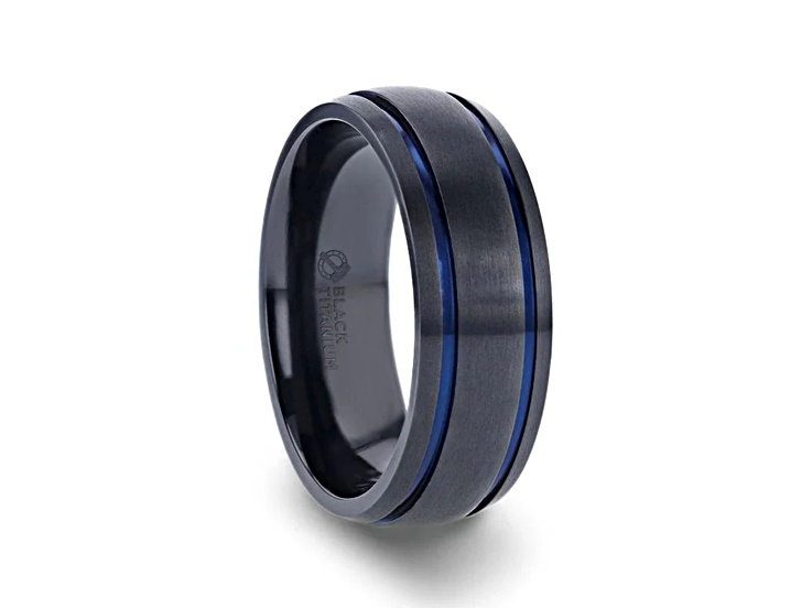 SHERIFF Domed Black Titanium Brushed Finish Men’s Wedding Ring with Blue Grooves 8mm