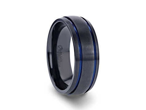 SHERIFF Domed Black Titanium Brushed Finish Men’s Wedding Ring with Blue Grooves 8mm