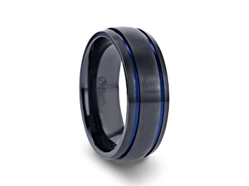 Picture of SHERIFF Domed Black Titanium Brushed Finish Men’s Wedding Ring with Blue Grooves 8mm