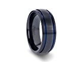 SHERIFF Domed Black Titanium Brushed Finish Men’s Wedding Ring with Blue Grooves 8mm