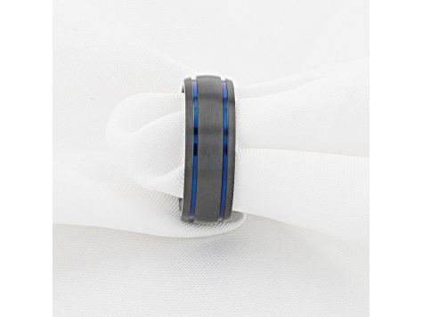 SHERIFF Domed Black Titanium Brushed Finish Men’s Wedding Ring with Blue Grooves 8mm