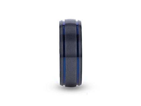 SHERIFF Domed Black Titanium Brushed Finish Men’s Wedding Ring with Blue Grooves 8mm