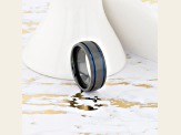 SHERIFF Domed Black Titanium Brushed Finish Men’s Wedding Ring with Blue Grooves 8mm