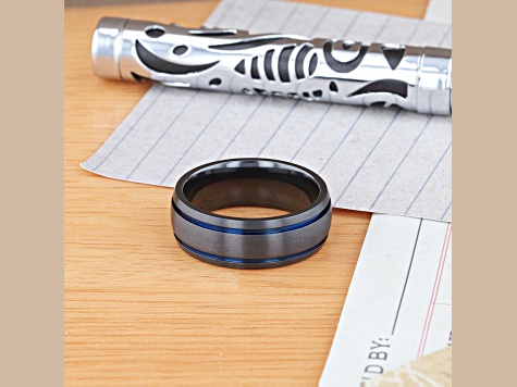 SHERIFF Domed Black Titanium Brushed Finish Men’s Wedding Ring with Blue Grooves 8mm