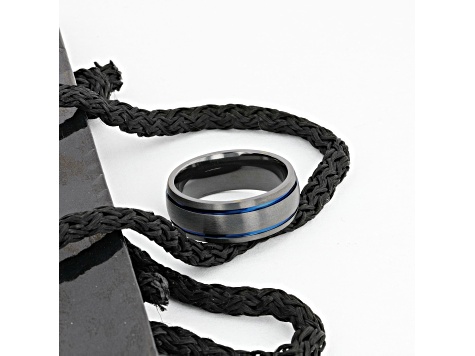 SHERIFF Domed Black Titanium Brushed Finish Men’s Wedding Ring with Blue Grooves 8mm
