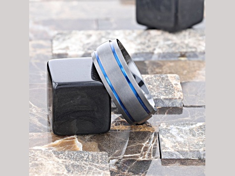 SHERIFF Domed Black Titanium Brushed Finish Men’s Wedding Ring with Blue Grooves 8mm