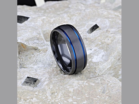 SHERIFF Domed Black Titanium Brushed Finish Men’s Wedding Ring with Blue Grooves 8mm