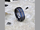 SHERIFF Domed Black Titanium Brushed Finish Men’s Wedding Ring with Blue Grooves 8mm