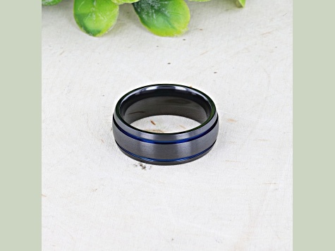 SHERIFF Domed Black Titanium Brushed Finish Men’s Wedding Ring with Blue Grooves 8mm