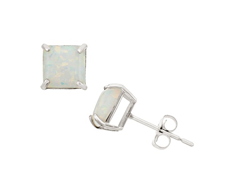 Lab Created Opal Princess Cut 10K White Gold Stud Earrings 0.88ctw