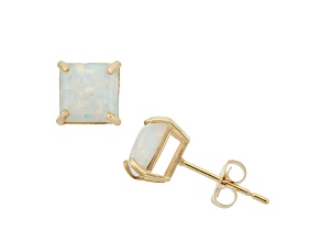 Lab Created Opal Princess Cut 10K Yellow Gold Stud Earrings 0.88ctw
