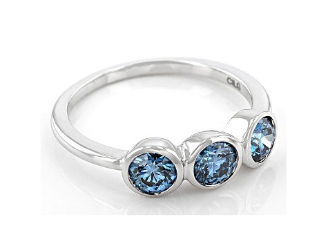 Blue Lab-Grown Diamond 14kt White Gold Bezel Set 3-Stone Ring 1.00ctw