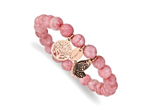 Rose Stainless Steel Antique and Polish Pink Dyed Jade Stretch Bracelet