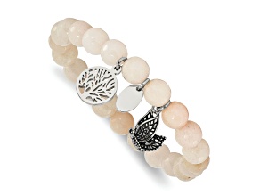 Stainless Steel Antiqued and Polished Butterfly White Jade Stretch Bracelet