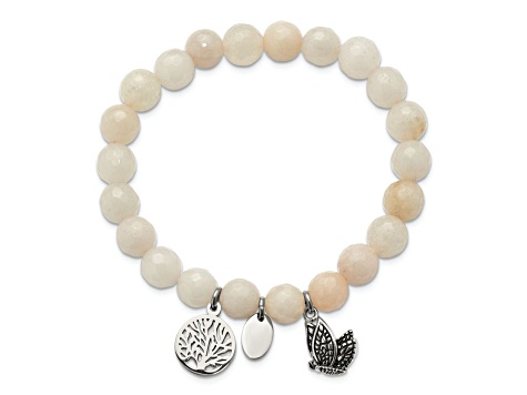Stainless Steel Antiqued and Polished Butterfly White Jade Stretch Bracelet