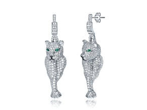 Emerald Green Cubic Zirconia, Rhodium Plated over Sterling Silver Panther Dangle Earrings