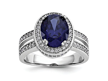 Picture of Rhodium Over Sterling Silver Polished Blue and White Cubic Zirconia Halo Ring