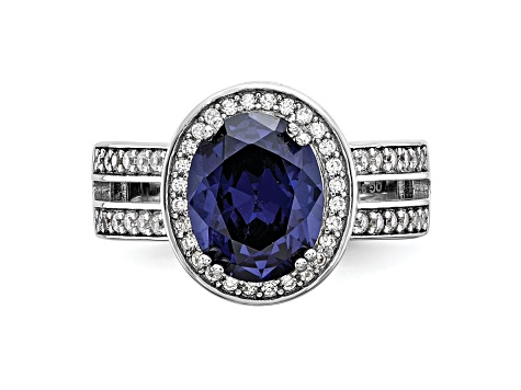 Rhodium Over Sterling Silver Polished Blue and White Cubic Zirconia Halo Ring