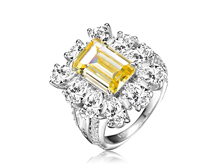 Yellow Cubic Zirconia, Rhodium Plated over Sterling Silver Cocktail Ring