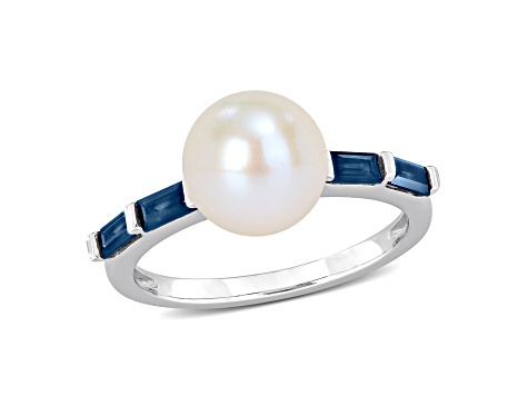 8-8.5MM Freshwater Cultured Pearl and 3/4 CT TGW Sapphire Ring in 10K White Gold