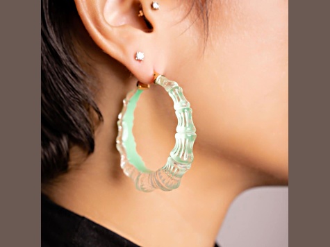 14K Yellow Gold Over Sterling Silver Acrylic and Enamel Bamboo Illusion Hoops in Mint Green