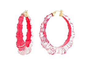 14K Yellow Gold Over Sterling Silver Lucite and Hand Painted Enamel Bamboo Illusion Hoops in Pink