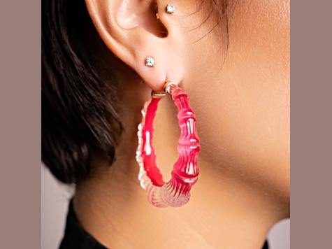 14K Yellow Gold Over Sterling Silver Acrylic and Hand Painted Enamel Bamboo Illusion Hoops in Pink