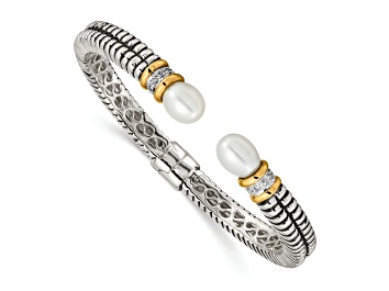 Picture of Sterling Silver with 14K Gold Over Sterling Silver Oxidized Freshwater Cultured Pearl/Diamond Cuff