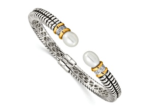 Sterling Silver with 14K Gold Over Sterling Silver Oxidized Freshwater Cultured Pearl/Diamond Cuff