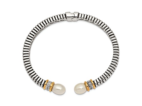 Sterling Silver with 14K Gold Over Sterling Silver Oxidized Freshwater Cultured Pearl/Diamond Cuff