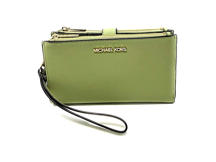 Michael Kors Jet Set Double Zip Leather Wristlet in Sage