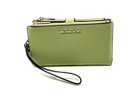 Michael Kors Jet Set Double Zip Leather Wristlet in Sage