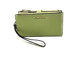 Michael Kors Jet Set Double Zip Leather Wristlet in Sage