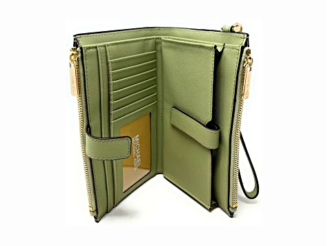 Michael Kors Jet Set Double Zip Leather Wristlet in Sage