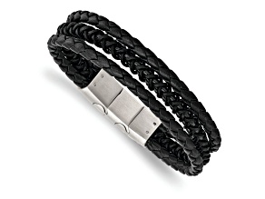 Black Leather and Stainless Steel Brushed and Polished IP Plated with 0.5-inch Extension Bracelet