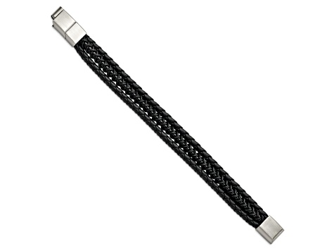 Black Leather and Stainless Steel Brushed and Polished IP Plated with 0.5-inch Extension Bracelet