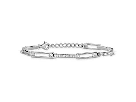 Rhodium Over Sterling Silver Fancy Cubic Zirconia Link with 1-inch Extension Bracelet