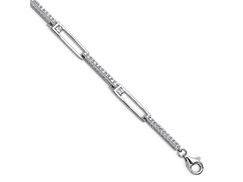 Rhodium Over Sterling Silver Fancy Cubic Zirconia Link with 1-inch Extension Bracelet