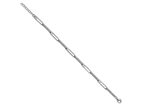 Rhodium Over Sterling Silver Fancy Cubic Zirconia Link with 1-inch Extension Bracelet