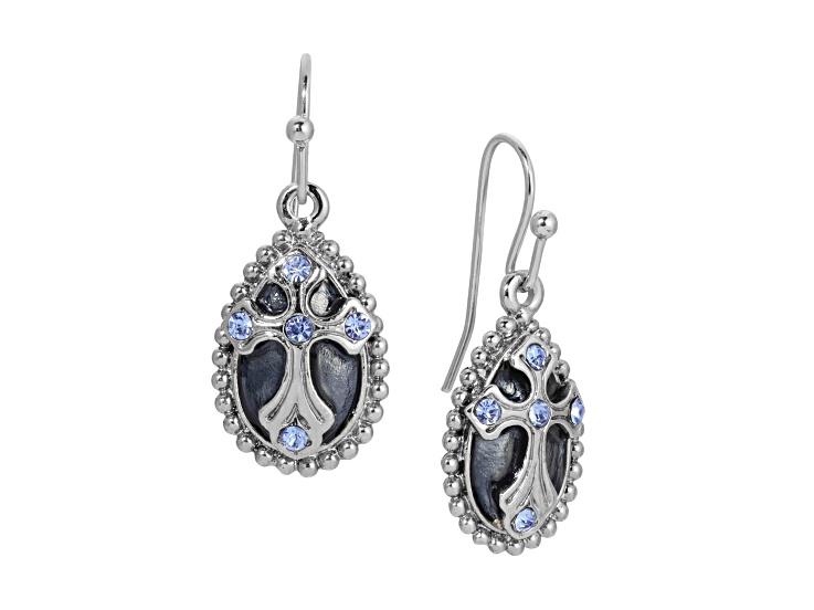 Symbols of Faith Silver-Tone Blue Crystal and Enamel Cross Drop Earrings
