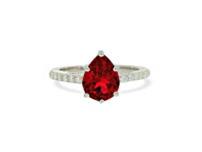 Red Lab Created Ruby with Moissanite Accents Sterling Silver Pear Shape Teardrop Solitaire Ring