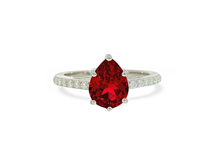 Red Lab Created Ruby with Moissanite Accents Sterling Silver Pear Shape Teardrop Solitaire Ring