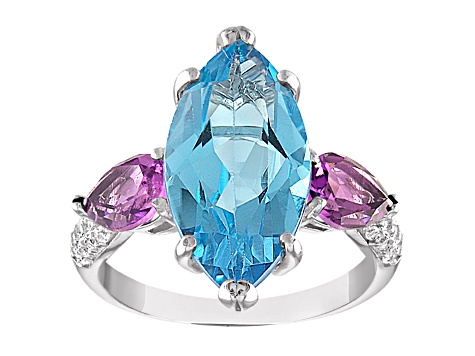 Sterling Silver Swiss Blue Topaz, Amethyst, and Lab White Sapphire Ring