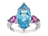 Sterling Silver Swiss Blue Topaz, Amethyst, and Lab White Sapphire Ring