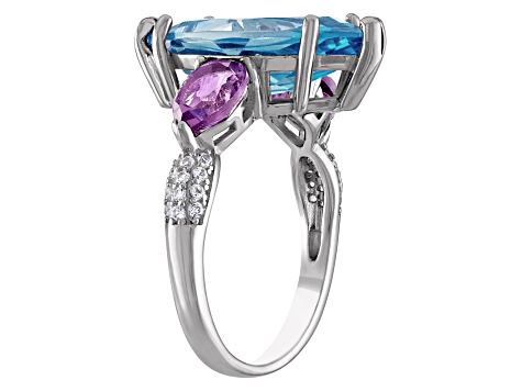 Sterling Silver Swiss Blue Topaz, Amethyst, and Lab White Sapphire Ring